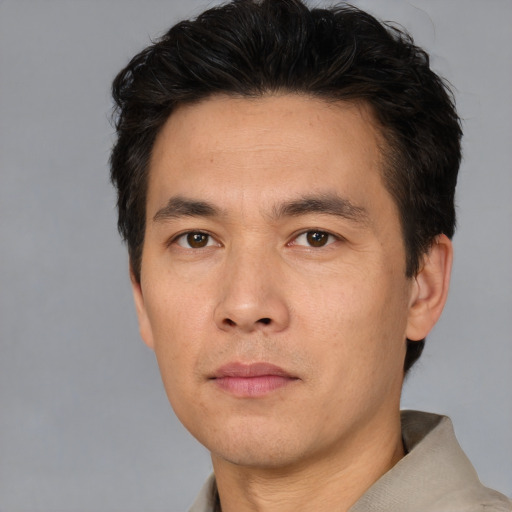 Neutral asian adult male with short  black hair and brown eyes