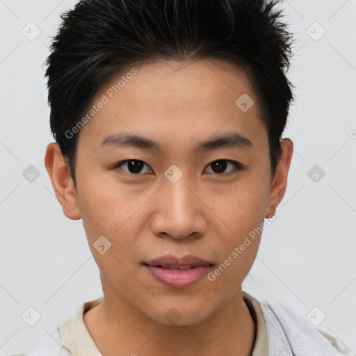 Joyful asian young-adult male with short  brown hair and brown eyes