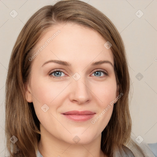 Joyful white young-adult female with medium  brown hair and blue eyes