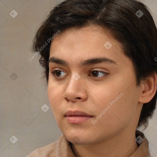 Neutral white young-adult female with medium  brown hair and brown eyes