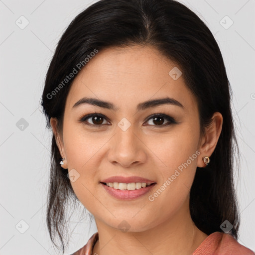 Joyful white young-adult female with medium  brown hair and brown eyes