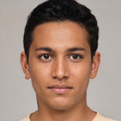 Neutral latino young-adult male with short  black hair and brown eyes