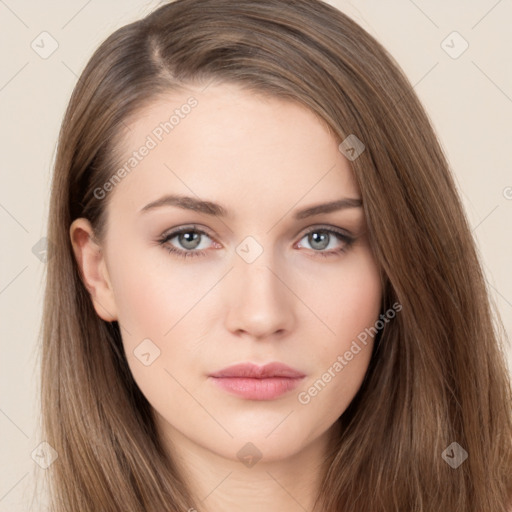 Neutral white young-adult female with long  brown hair and brown eyes