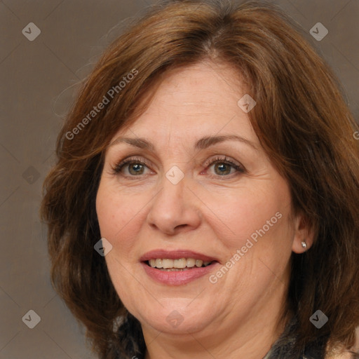 Joyful white adult female with medium  brown hair and brown eyes