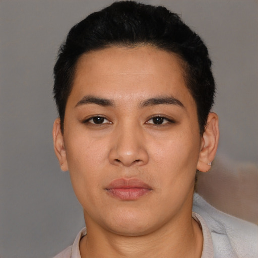 Neutral asian young-adult female with short  brown hair and brown eyes