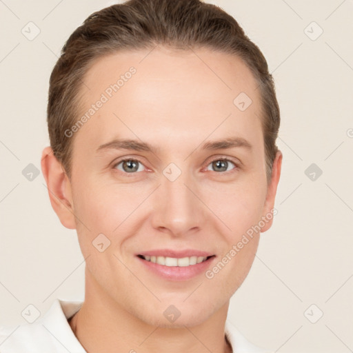 Joyful white young-adult female with short  brown hair and brown eyes