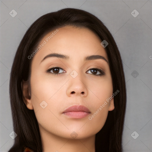 Neutral asian young-adult female with long  brown hair and brown eyes