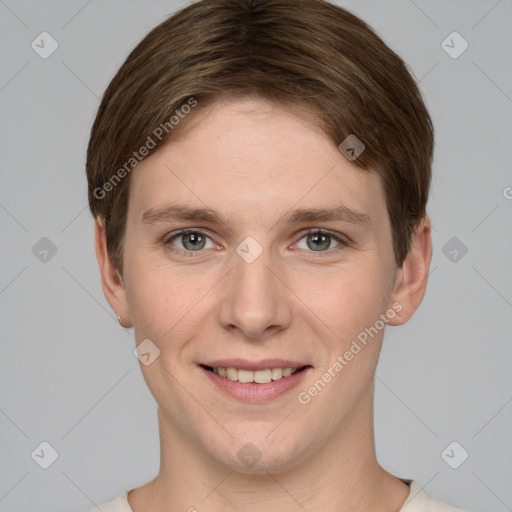 Joyful white young-adult female with short  brown hair and grey eyes