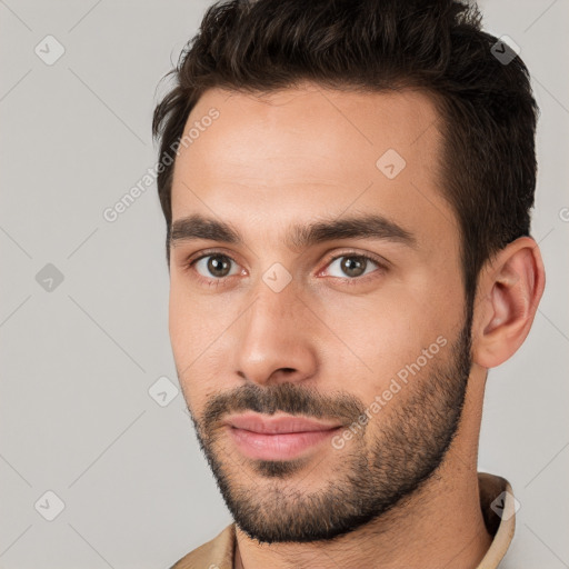 Neutral white young-adult male with short  brown hair and brown eyes