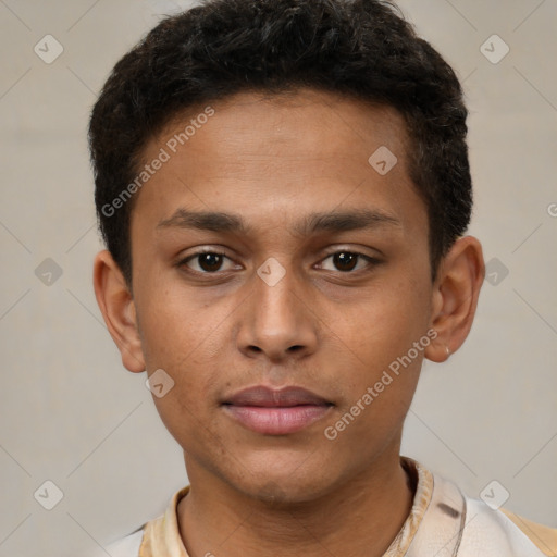 Neutral latino young-adult male with short  brown hair and brown eyes