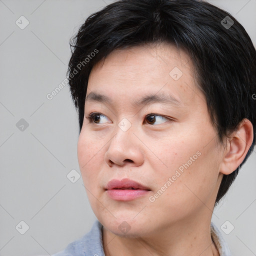 Neutral asian young-adult male with short  brown hair and brown eyes