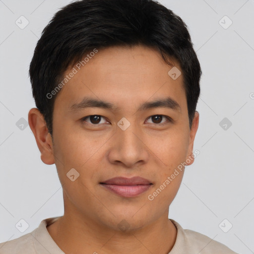 Joyful asian young-adult male with short  brown hair and brown eyes