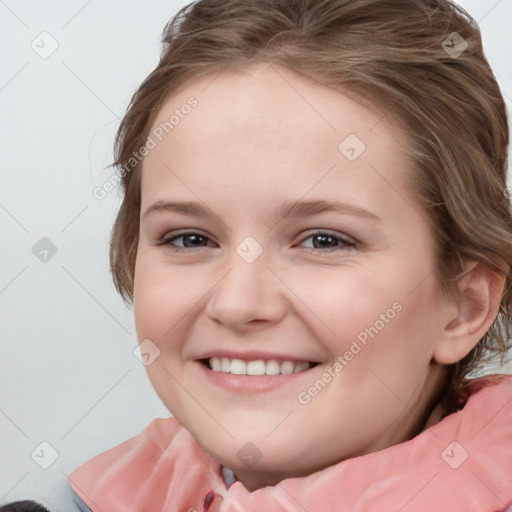 Joyful white child female with medium  brown hair and brown eyes