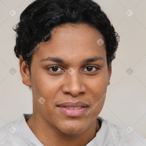 Joyful latino young-adult female with short  brown hair and brown eyes