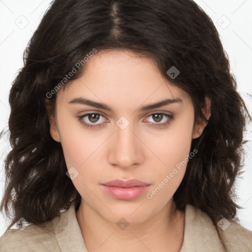 Neutral white young-adult female with medium  brown hair and brown eyes