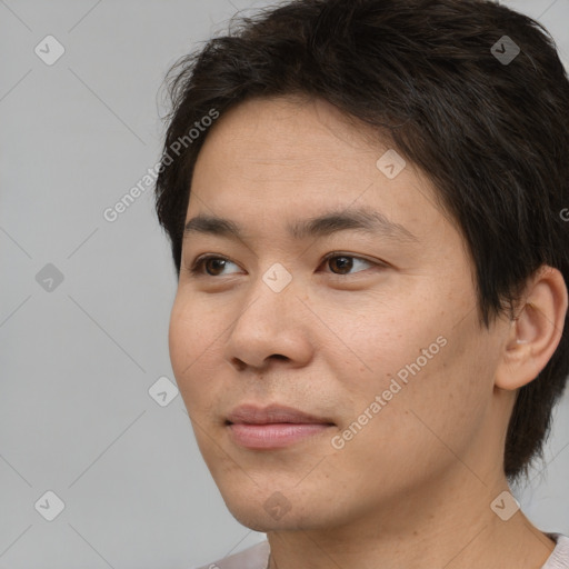 Neutral white young-adult male with short  brown hair and brown eyes