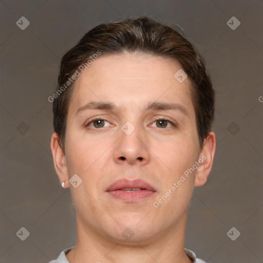 Neutral white adult male with short  brown hair and brown eyes