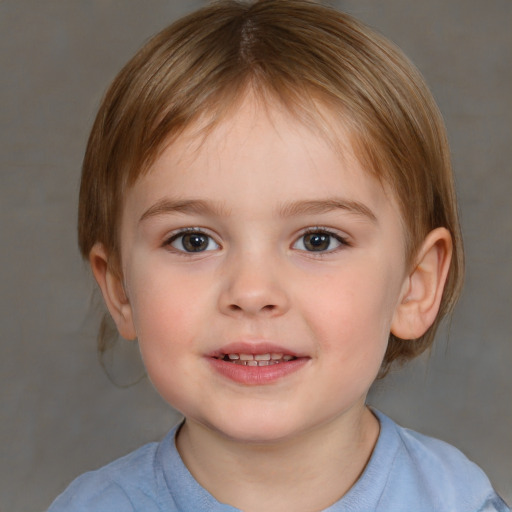 Joyful white child female with medium  brown hair and blue eyes