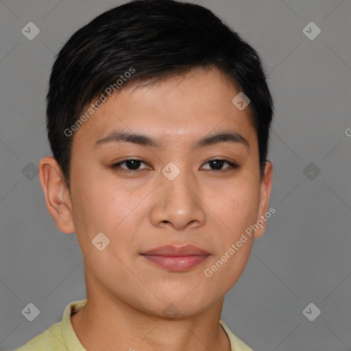 Joyful asian young-adult female with short  brown hair and brown eyes