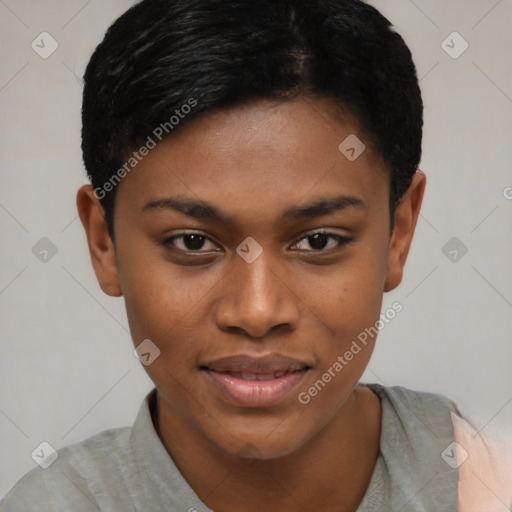 Joyful black young-adult female with short  black hair and brown eyes