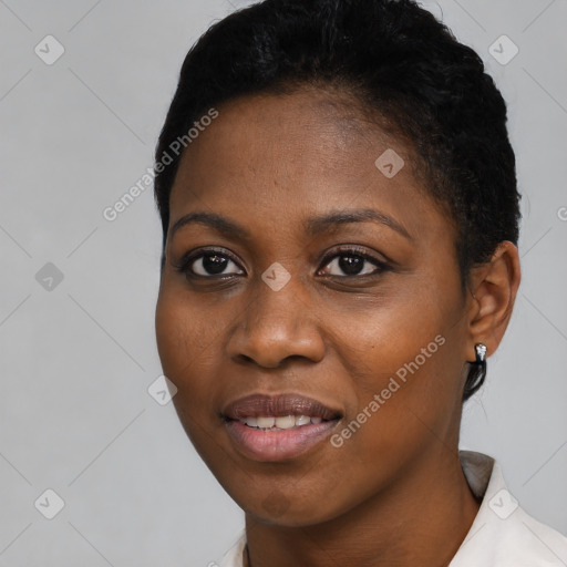 Joyful black young-adult female with short  black hair and brown eyes