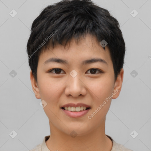 Joyful asian young-adult female with short  brown hair and brown eyes