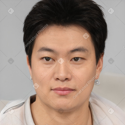 Neutral asian young-adult male with short  brown hair and brown eyes
