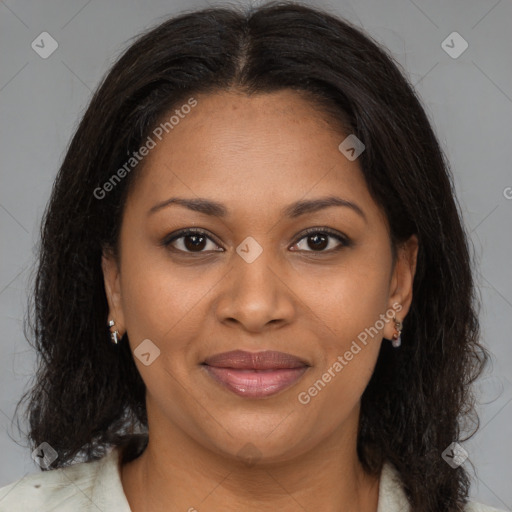 Joyful black young-adult female with medium  brown hair and brown eyes