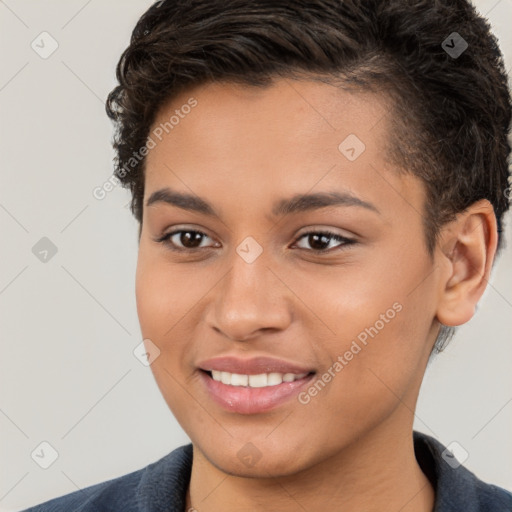 Joyful white young-adult female with short  brown hair and brown eyes