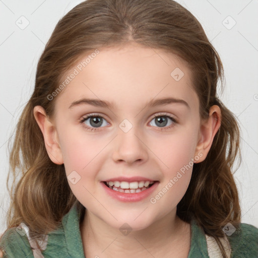 Joyful white child female with medium  brown hair and blue eyes