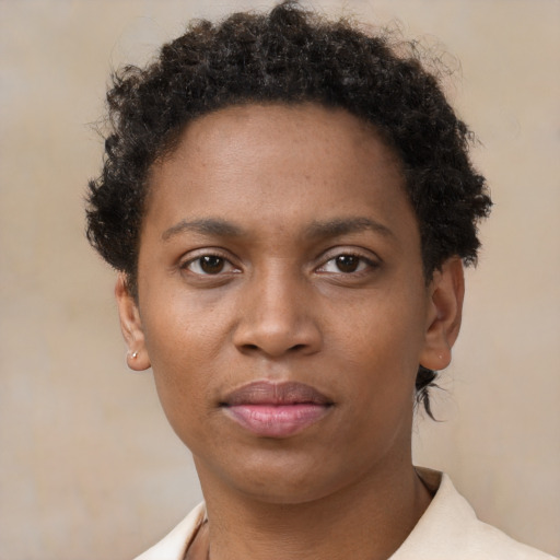 Neutral black young-adult female with short  brown hair and brown eyes