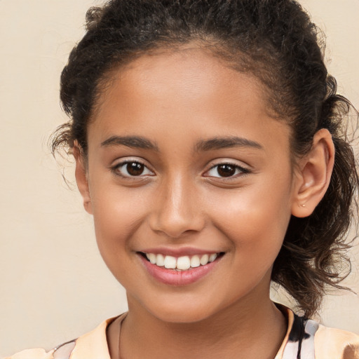 Joyful white child female with medium  brown hair and brown eyes