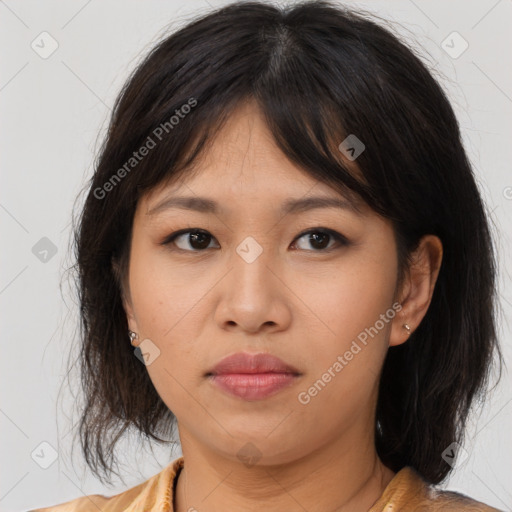 Neutral asian young-adult female with medium  brown hair and brown eyes