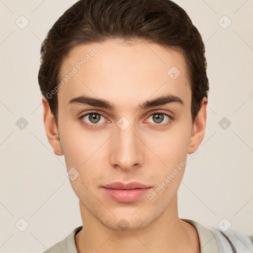 Neutral white young-adult male with short  brown hair and brown eyes