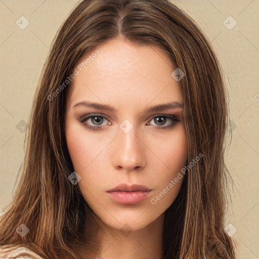 Neutral white young-adult female with long  brown hair and brown eyes