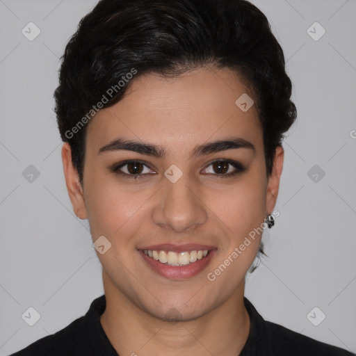 Joyful white young-adult female with short  brown hair and brown eyes