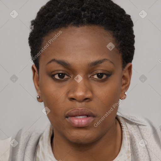 Neutral black young-adult female with short  brown hair and brown eyes