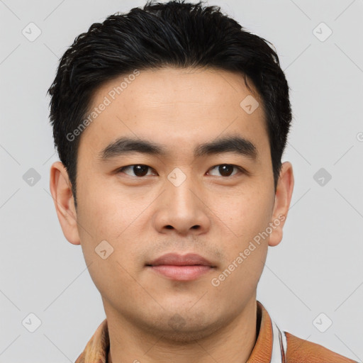 Neutral asian young-adult male with short  black hair and brown eyes