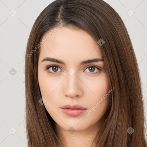 Neutral white young-adult female with long  brown hair and brown eyes