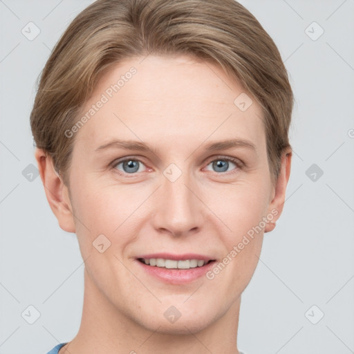 Joyful white young-adult female with short  brown hair and grey eyes