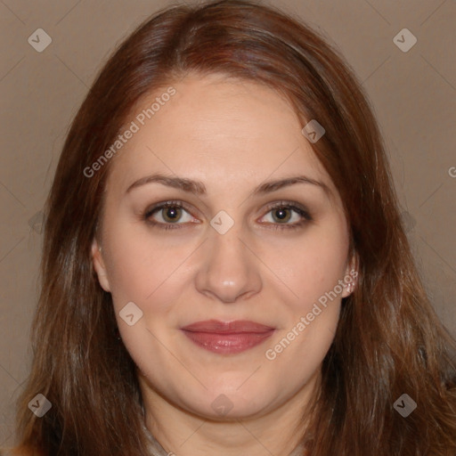 Joyful white adult female with long  brown hair and brown eyes