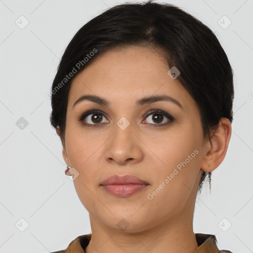 Neutral latino young-adult female with short  brown hair and brown eyes