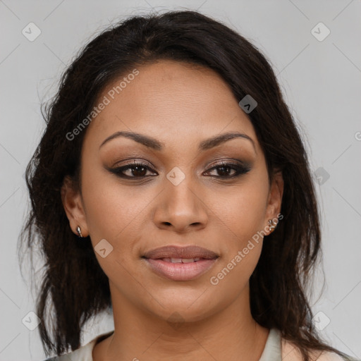 Joyful latino young-adult female with medium  brown hair and brown eyes