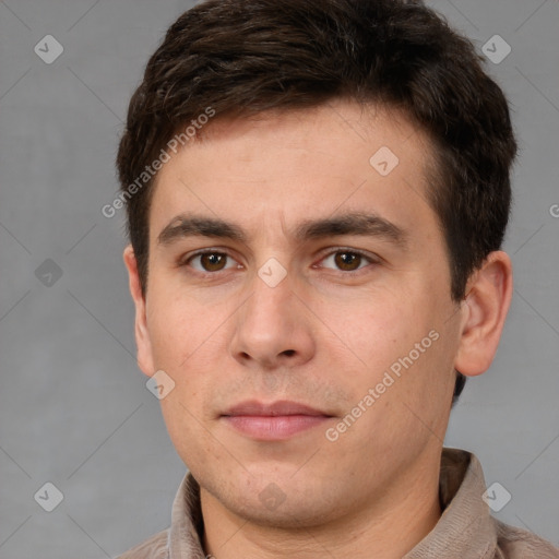 Neutral white young-adult male with short  brown hair and brown eyes