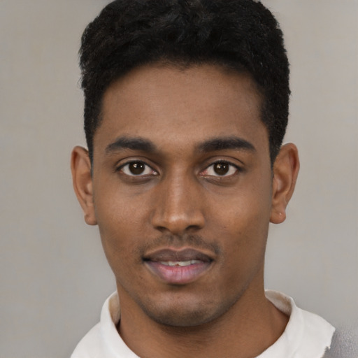 Neutral black young-adult male with short  black hair and brown eyes