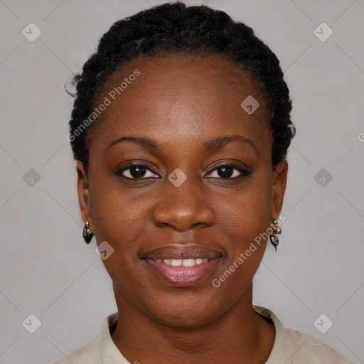 Joyful black young-adult female with short  black hair and brown eyes