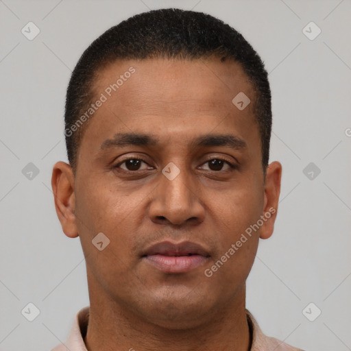 Neutral latino young-adult male with short  brown hair and brown eyes