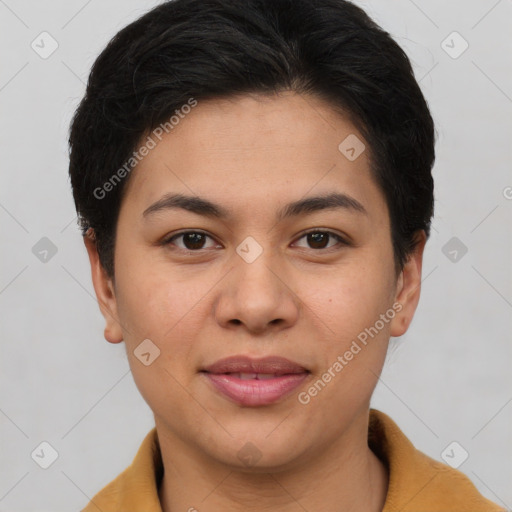 Joyful asian young-adult female with short  brown hair and brown eyes