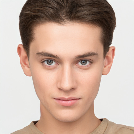 Neutral white young-adult male with short  brown hair and grey eyes