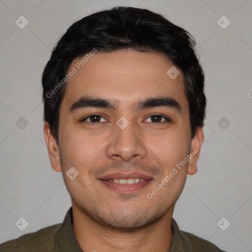 Joyful latino young-adult male with short  brown hair and brown eyes